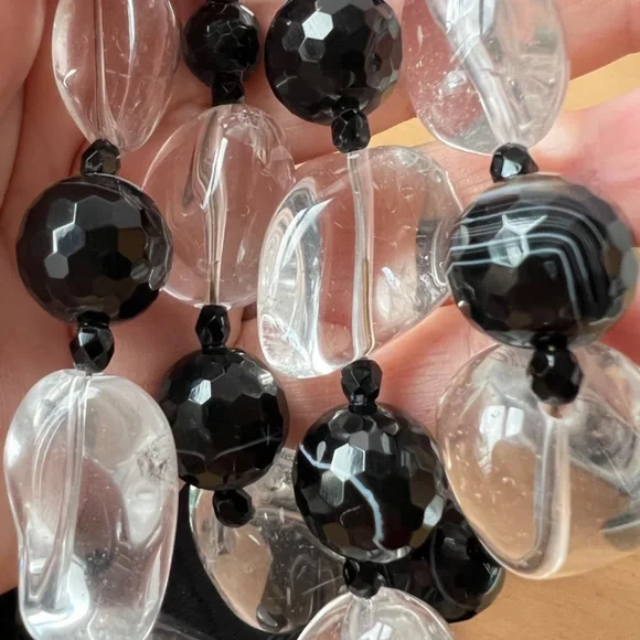 HUGE VINTAGE ROCK CRYSTAL & BANDED AGATE FACETED BEADS LONG CUSTOM MADE NECKLACE